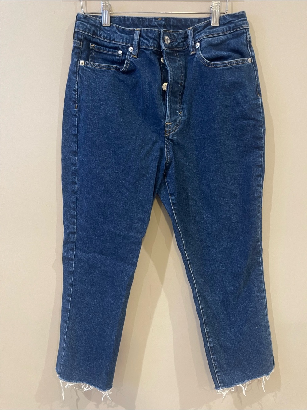 Cropped High-Rise Raw Hem Jeans in Dark Blue